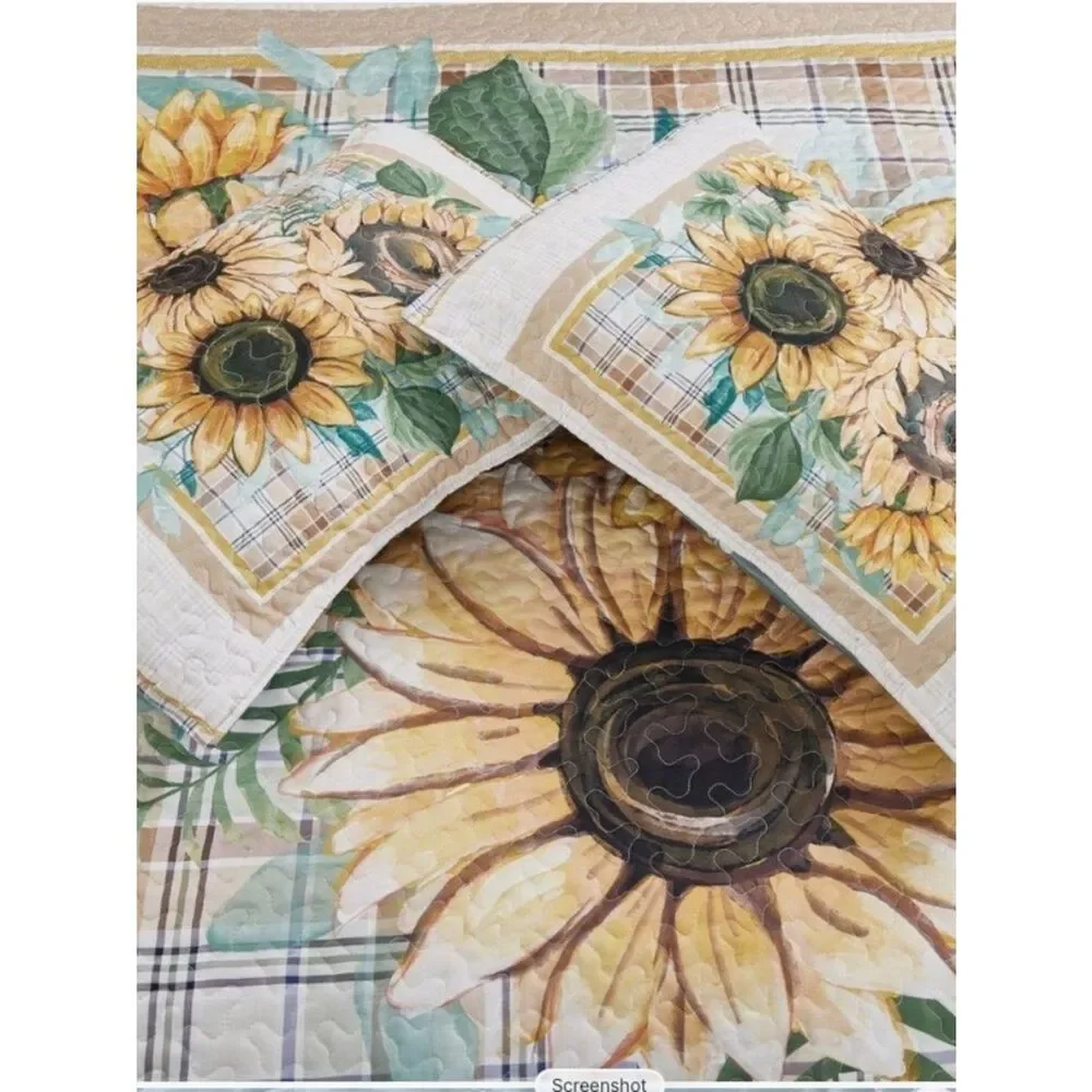 Sunflower Patch Plaid Quilted Queen Quilt Set Cottagecore Farmhouse